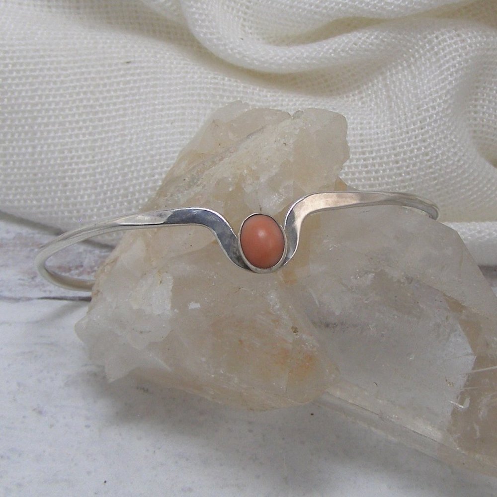 Sterling Silver Salmon Coral Sleek handmade Cuff Bracelet Modernist Chevron